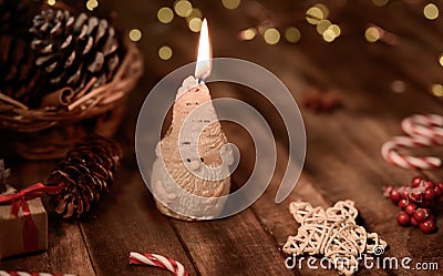 Christmas and Happy New Year concept. Candle light decorate for Winter season holiday. Stock Photo