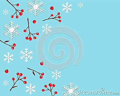 Christmas or happy new year design frame with white various snowflakes and red berry twig isolated on light blue Vector Illustration