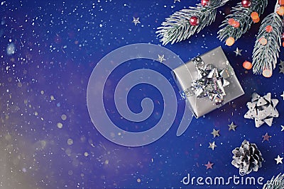 Christmas and happy new year flat lay card with gift and silver decoration Stock Photo