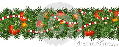 Christmas and happy New Year garland and border of Christmas tree branches decorated with holly Berries, stars and beads. Holiday Vector Illustration