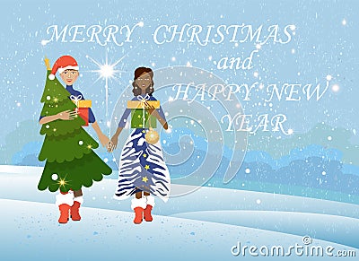 Christmas and Happy New Year.Happy multiethnic couple celebrating Christmas and New Year Stock Photo