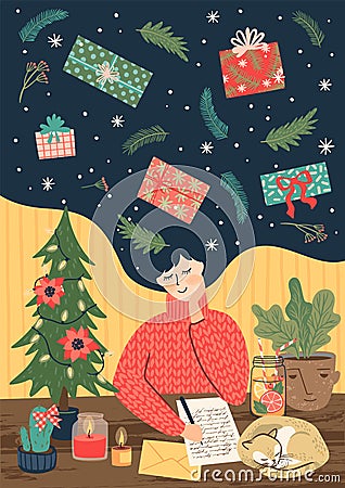 Christmas and Happy New Year illustration with cute woman. Vector Illustration