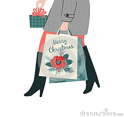 Christmas and Happy New Year isolated illustration. Lady carries gifts. Trendy retro style. Vector design Vector Illustration