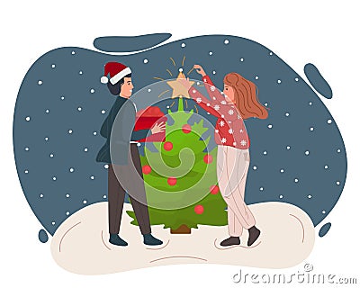 Christmas and Happy New Year people celebrating. Men with woman decorate Christmas tree together. Vector illustration Vector Illustration