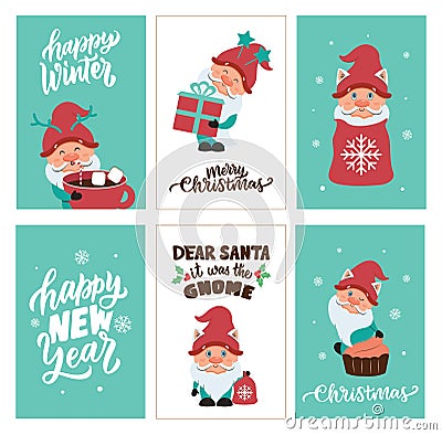 The Christmas and Happy New Year set of cards with winter gnomes Vector Illustration