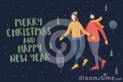 Christmas and Happy New Year. Winter evening landscape with figure skaters and snow-covered trees. Vector Illustration