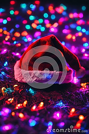 Christmas hat on the floor with bright lights around, xmas wallpaper Stock Photo