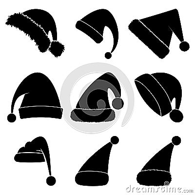 Christmas hat silhouette set. Black shape collection of santa claus hat. Santa cap icon group isolated on white background. Vector Vector Illustration