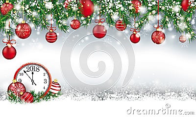 Christmas Header Green Twigs Snow Baubles Clock 2018 Vector Illustration