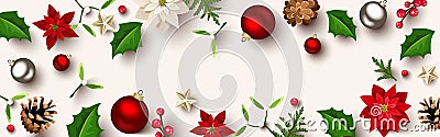 Christmas header or banner with Christmas balls, poinsettia flowers, cones, holly, and mistletoe. Vector illustration Vector Illustration