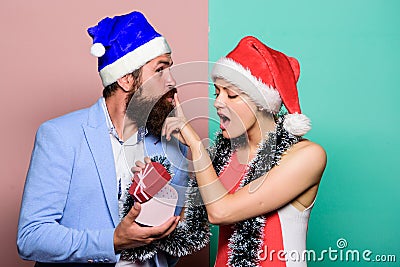 Christmas is here. gift with love. time for presents. happy family couple celebrate xmas. santa man and woman with Stock Photo