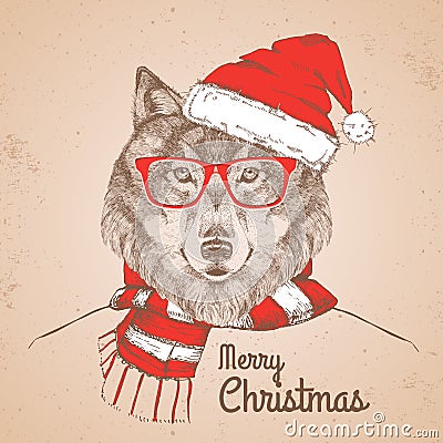 Christmas Hipster fashion animal wolf dressed a New Year hat Vector Illustration