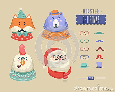 Christmas hipster animals. Vector illustration Vector Illustration