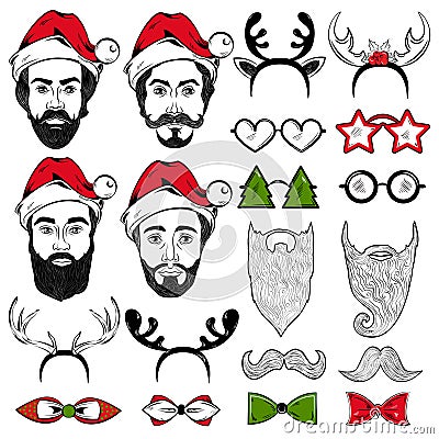 Christmas Hipster Faces Set Vector Illustration