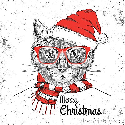 Christmas Hipster fashion animal cat dressed a New Year hat Vector Illustration