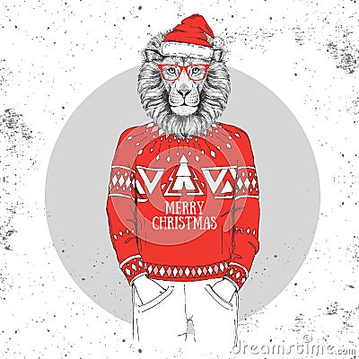 Christmas Hipster fashion animal lion dressed a New Year hat Vector Illustration