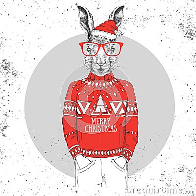 Christmas Hipster fashion animal rabbit dressed in New Year hat and pullover Vector Illustration