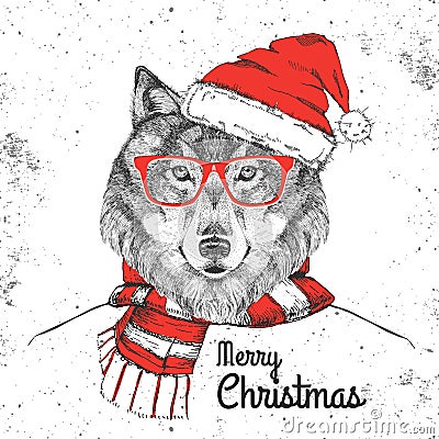 Christmas Hipster fashion animal wolf dressed a New Year hat Vector Illustration