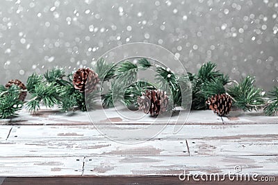 Christmas holiday background with empty wooden white table and Christmas festive lights Stock Photo