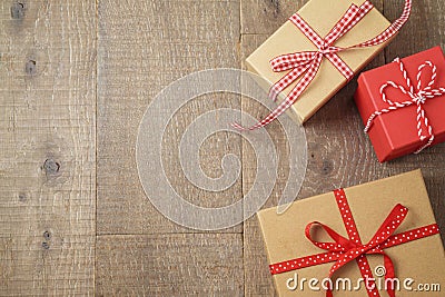 Christmas holiday background with gift boxs on wooden table Stock Photo