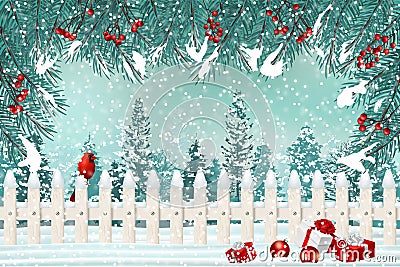 Christmas holiday background with pocket fence, cardinal, spruce branches and gifts in snow Vector Illustration