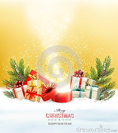 Christmas holiday background with presents and magic box. Vector Illustration