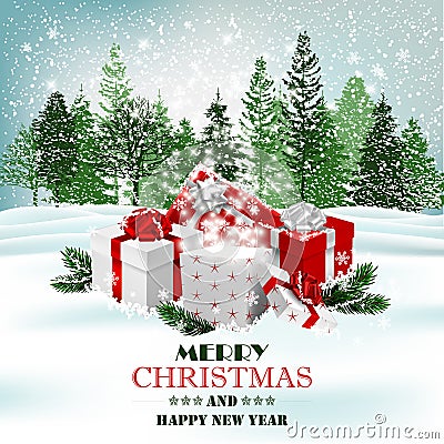 Christmas holiday background with presents and magic gift box. Vector Vector Illustration