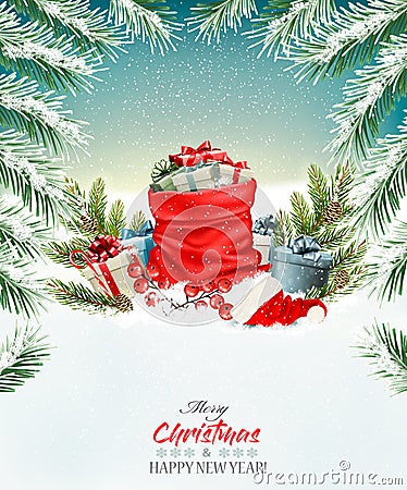 Christmas holiday background with a red sack full presents. Vector Illustration