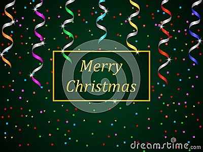 Christmas holiday banner. Green gradient background with colorful streamer and confetti Vector Illustration