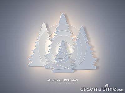 Christmas holiday banner with paper cut style fir-tree and glowing lights. New year background, vector illustration. Vector Illustration