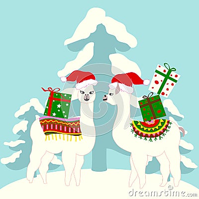 Christmas holiday card with cute llamas Vector Illustration
