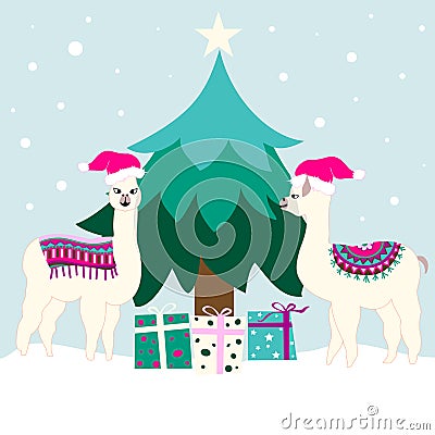 Christmas holiday card with cute llamas Vector Illustration