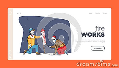 Christmas Holiday Celebration Landing Page Template. Festive Recreation, Firework Show. Men Burning Firework Petard Wick Vector Illustration