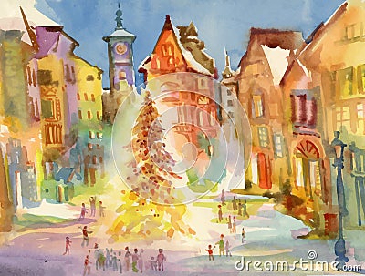 Christmas holiday city center. Watercolor illustration. Vector Illustration