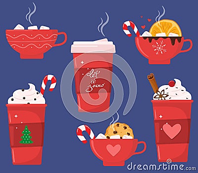 Christmas holiday coffee or chocolate mug. Cocoa with marshmallows, warming winter drinks. Christmas hot chocolate mugs or winter Vector Illustration