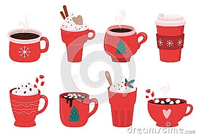 Christmas holiday coffee mug. Cocoa with marshmallows, winter warming drinks and hot espresso cup vector illustration Vector Illustration