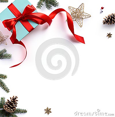 Christmas holiday composition; Christmas gift, fir tree branches Stock Photo