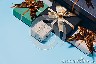 Christmas holiday composition. Various gift boxes on pastel blue background. Christmas, new year, birthday concept. Stock Photo