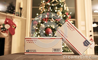 USPS Priority Mail Christmas Holiday Gifts Editorial Stock Photo