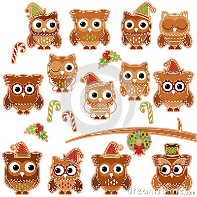 Christmas Holiday Gingerbread Cookie Owls in Vector Format Vector Illustration