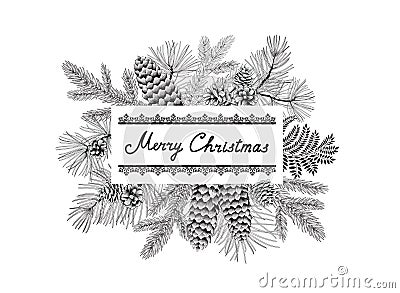 Christmas holiday greeting card. Handwritten Lettering MERRY CHRISTMAS. Noel holiday winter floral background in engraving retro Cartoon Illustration