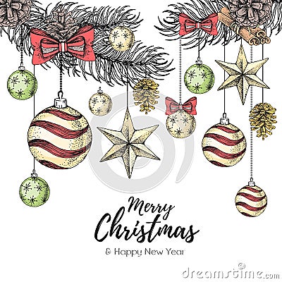 Christmas holiday hand drawign poster. Christmas greeting card Vector Illustration