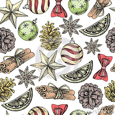 Christmas holiday hand drawing seamless pattern. Christmas attributes Vector Illustration