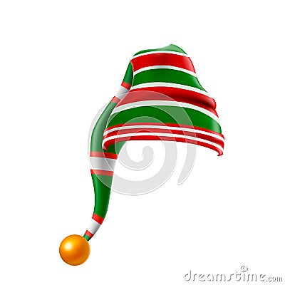 Christmas holiday hat.3D, funky red and green stripped cartoon christmas vector elf hat isolated vector, kids elf hat Vector Illustration