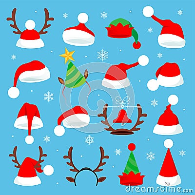 Christmas holiday hat. Funny 3d elf, snow reindeer and Santa Claus hats for noel. Vector Illustration