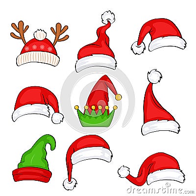 Christmas holiday hat. Funny elf, snow reindeer and Santa Claus hats wearing for noel sign. Elves fur cap clothes, decoration xmas Vector Illustration