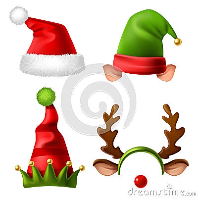 Christmas holiday hats. Santa claus red cute cap, snow reindeer and elves fur hat. Funny winter celebration headwear Vector Illustration