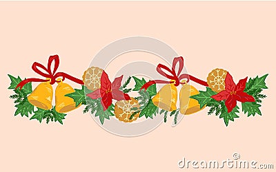 Christmas holiday horizontal wreath - border or frame with Xmas bells vector. Vector Illustration