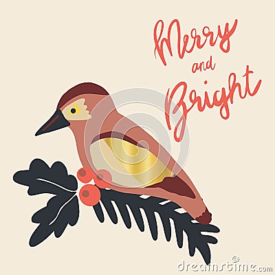 Christmas holiday illustration Merry and Bright. Mistletoe branch and bird with gold foil accents. For poster, blog, banners, car Cartoon Illustration