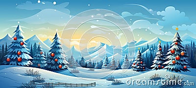 Christmas holiday landscape banner Cartoon linear art style. Christmas holidays. Horizontal format for banners, posters, Stock Photo